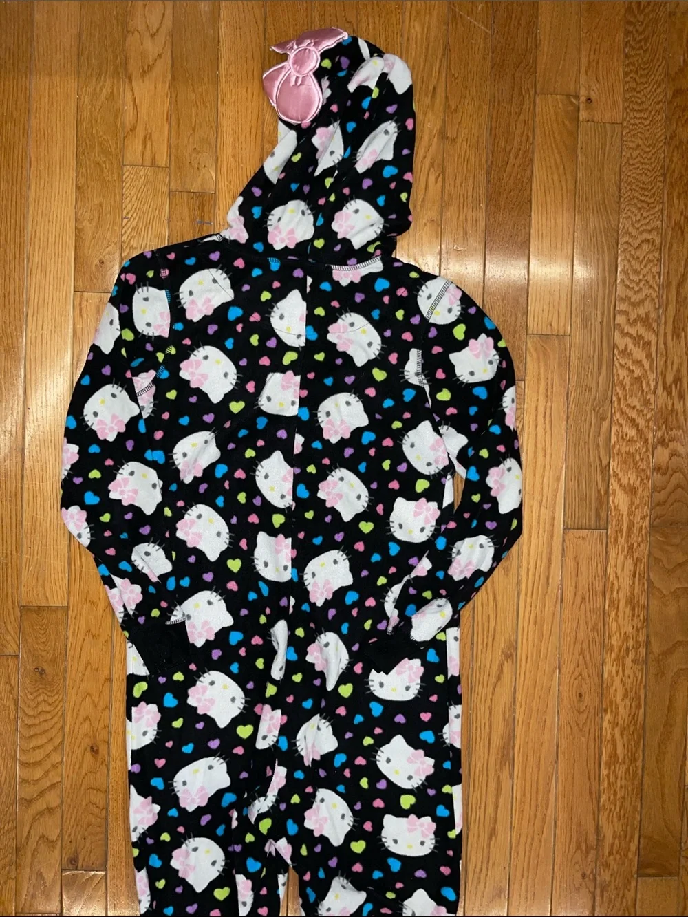 Hello Kitty Black Fleece Hooded Pajama Onesie with Pink Bow Accents